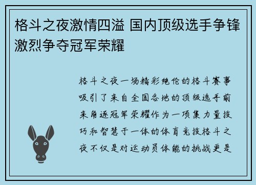 格斗之夜激情四溢 国内顶级选手争锋激烈争夺冠军荣耀