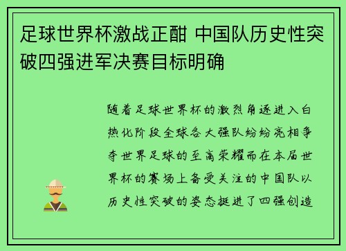 足球世界杯激战正酣 中国队历史性突破四强进军决赛目标明确