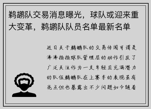 鹈鹕队交易消息曝光，球队或迎来重大变革，鹈鹕队队员名单最新名单